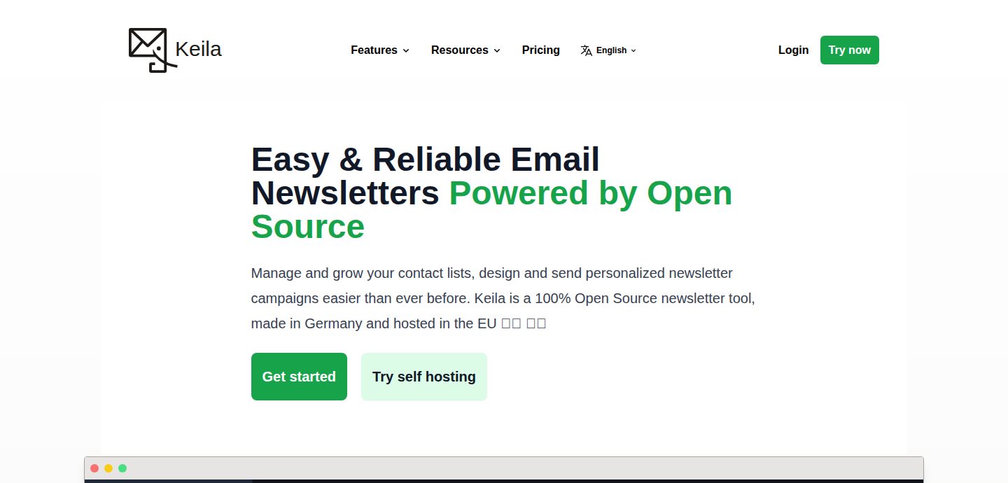 Screenshot of the Keila website