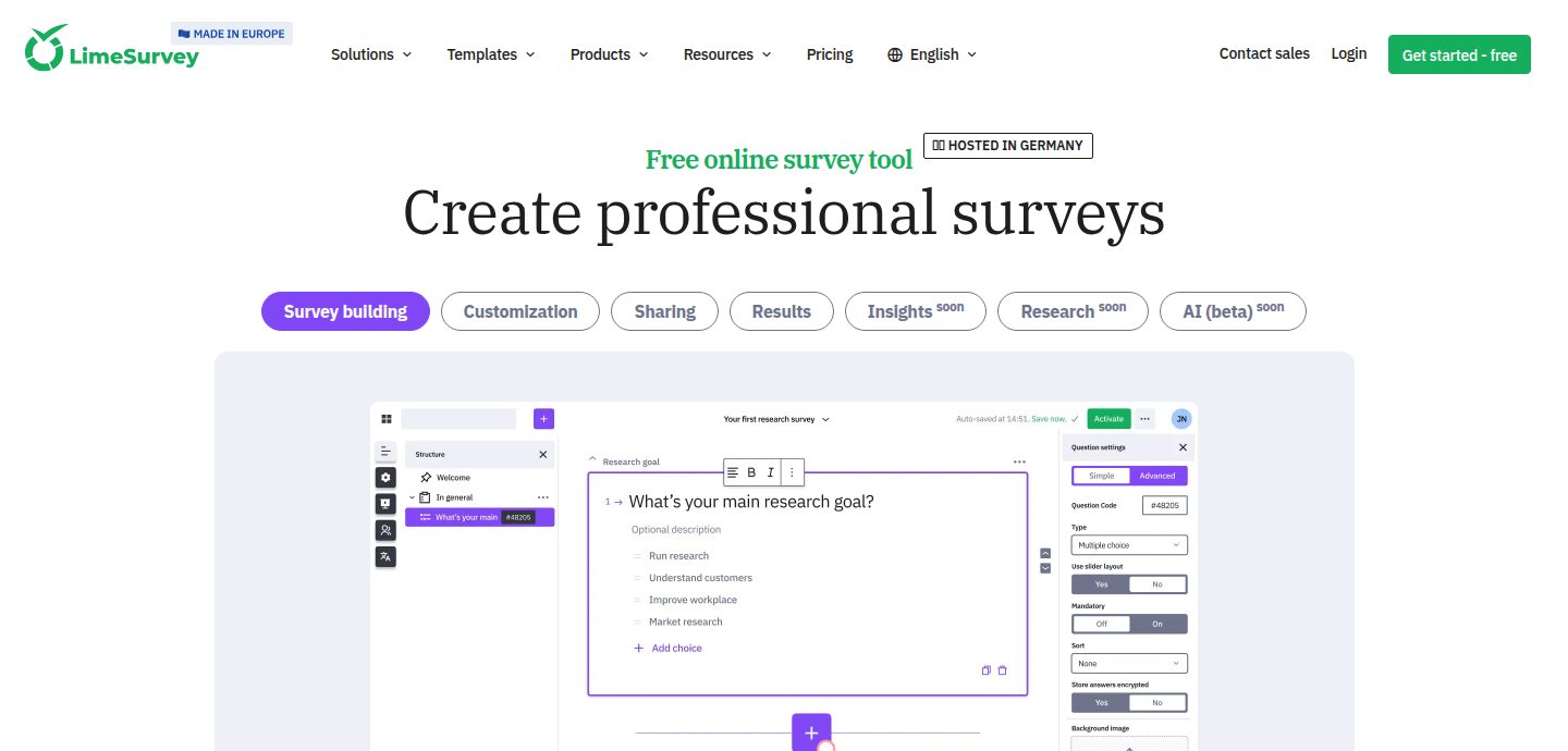 Screenshot of the LimeSurvey website
