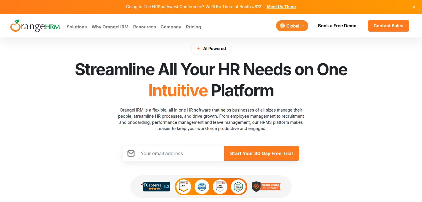 Screenshot of the OrangeHRM website