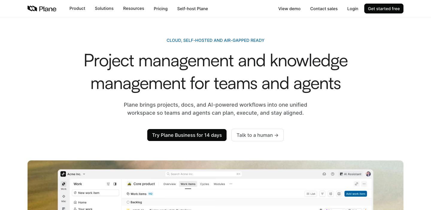 Screenshot of the Plane website
