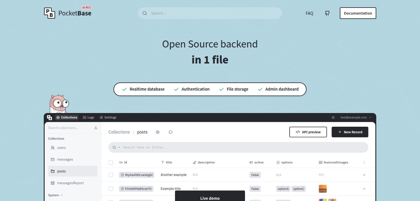 Screenshot of the PocketBase website