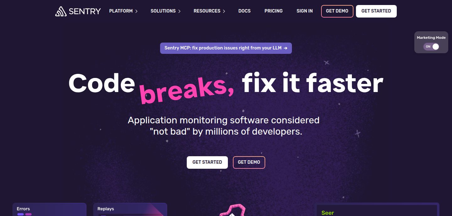 Screenshot of the Sentry website