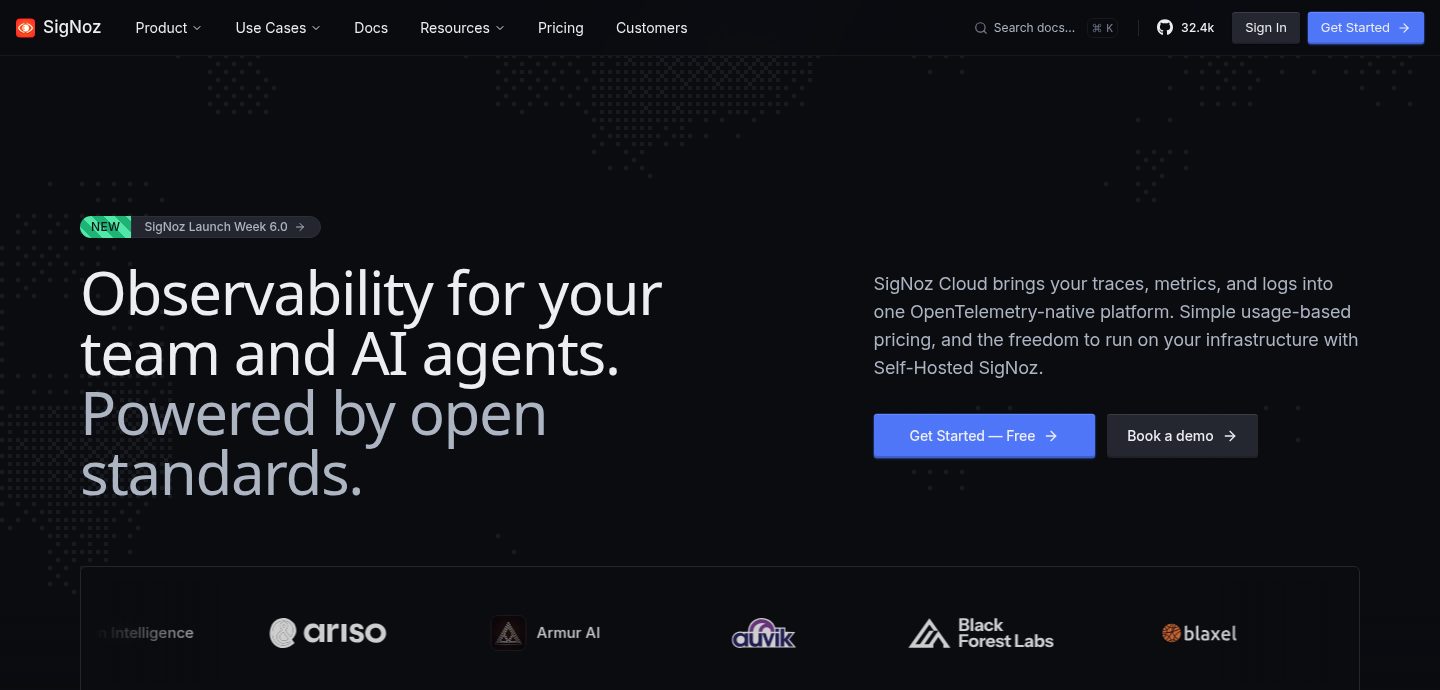 Screenshot of the SigNoz website