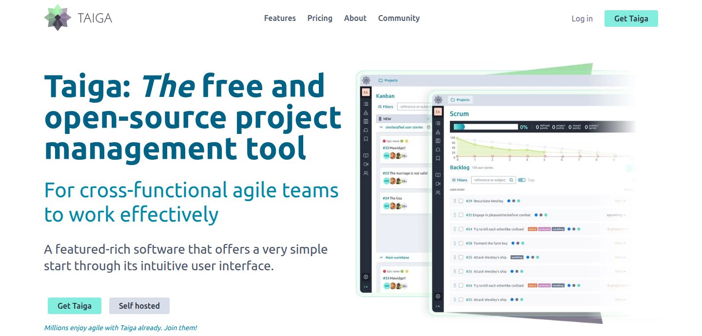 Screenshot of the Taiga website