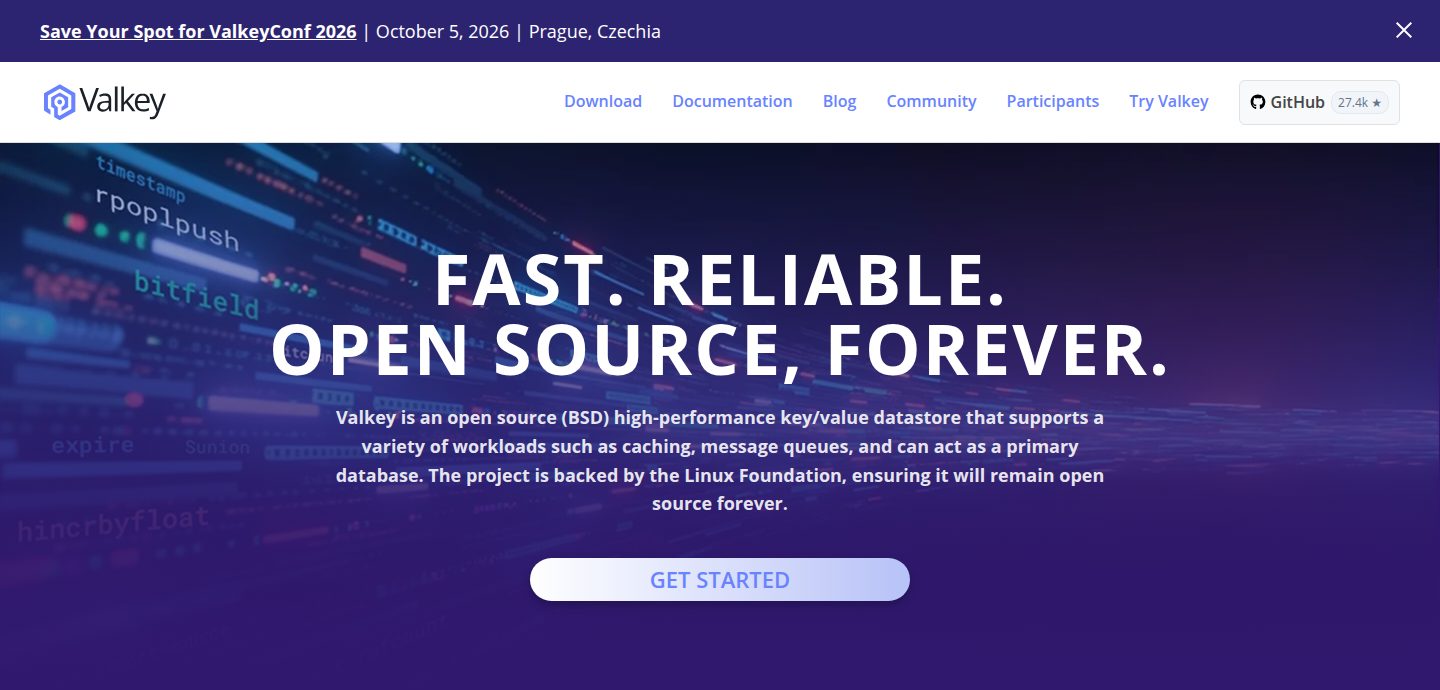 Screenshot of the Valkey website